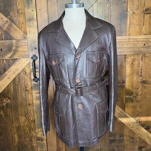 Vintage 70s Brown Leather Safari Field Jacket Pockets Belted Leather Coat Sz 44
